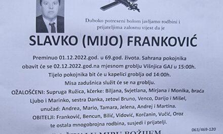 U 69. godini života preminuo je Slavko Franković