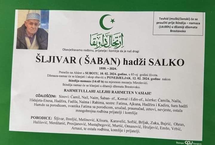 Preminuo je hadži Salko Šljivar