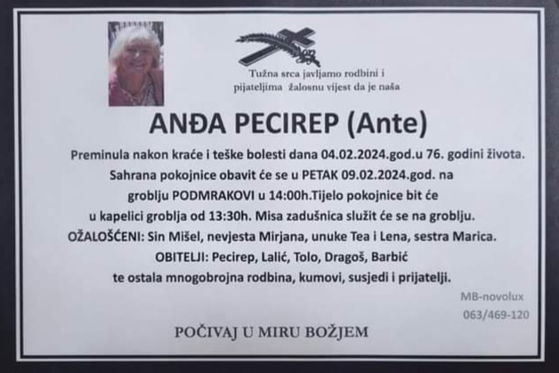 Preminula je Anđa Pecirep