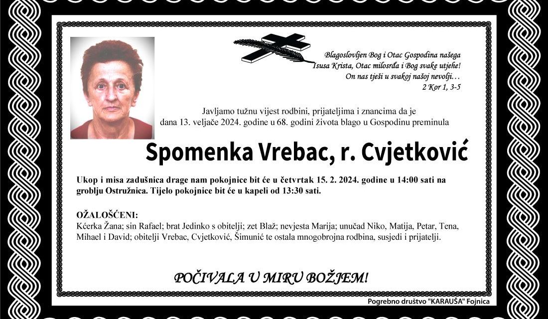 Preminula je Spomenka Vrebac