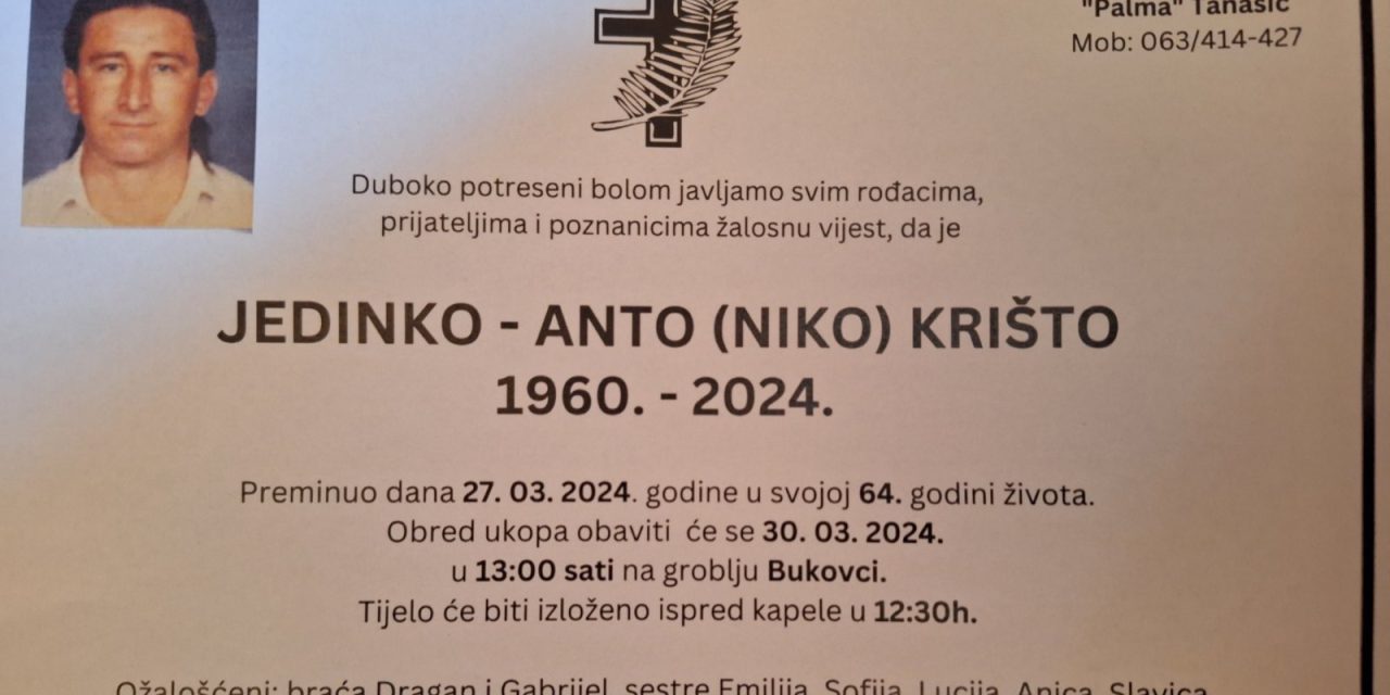 Preminuo je Jedinko – Anto Krišto