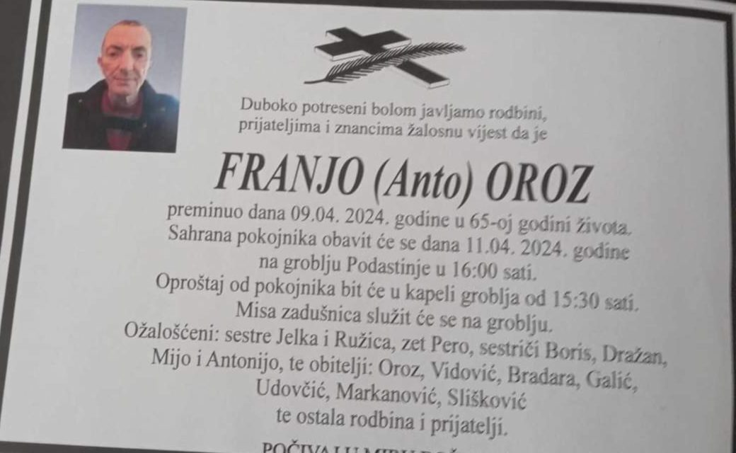 Preminuo je Franjo Oroz