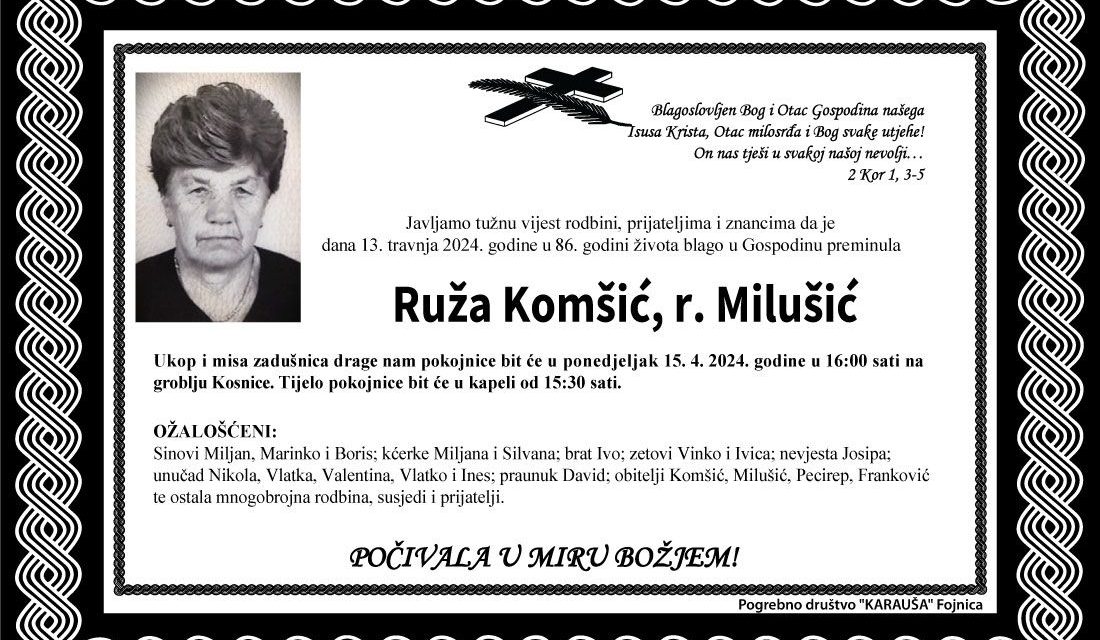 Preminula je Ruža Komšić, r. Milušić