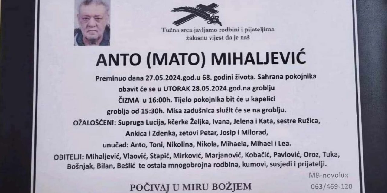Prrminuo je Anto Mihaljivić
