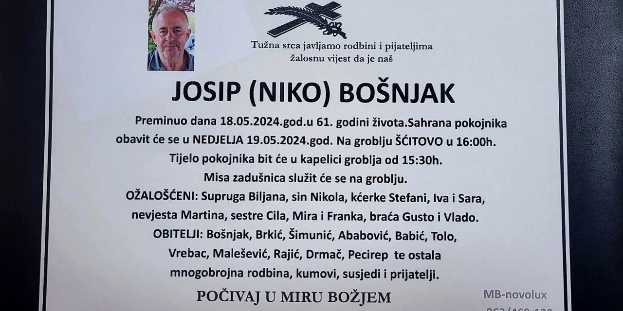 Premunuo je Josip Bošnjak
