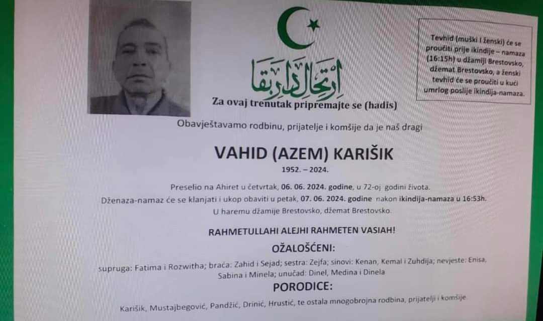Preminuo je Vahid Karišik