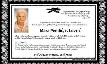 Preminula je Mara Pendić, rođ. Lovrić