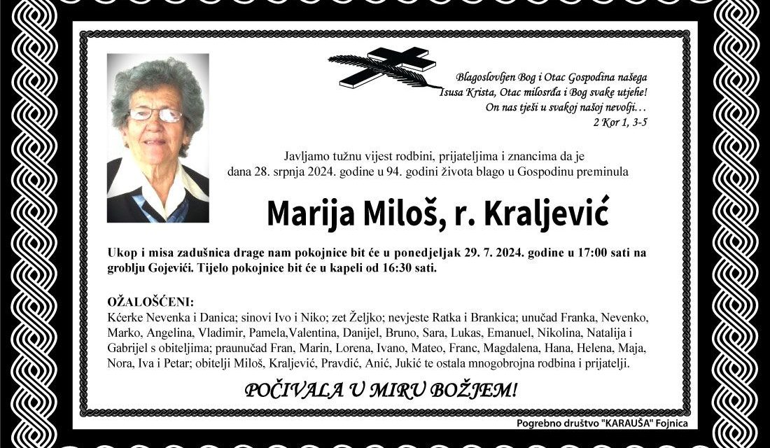 Preminula je Marija Miloš, rođ. Kraljević