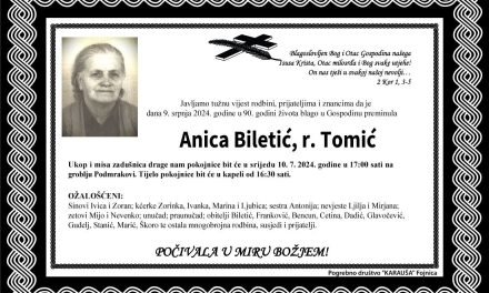 Preminula je Anica Biletić, rođ. Tomić