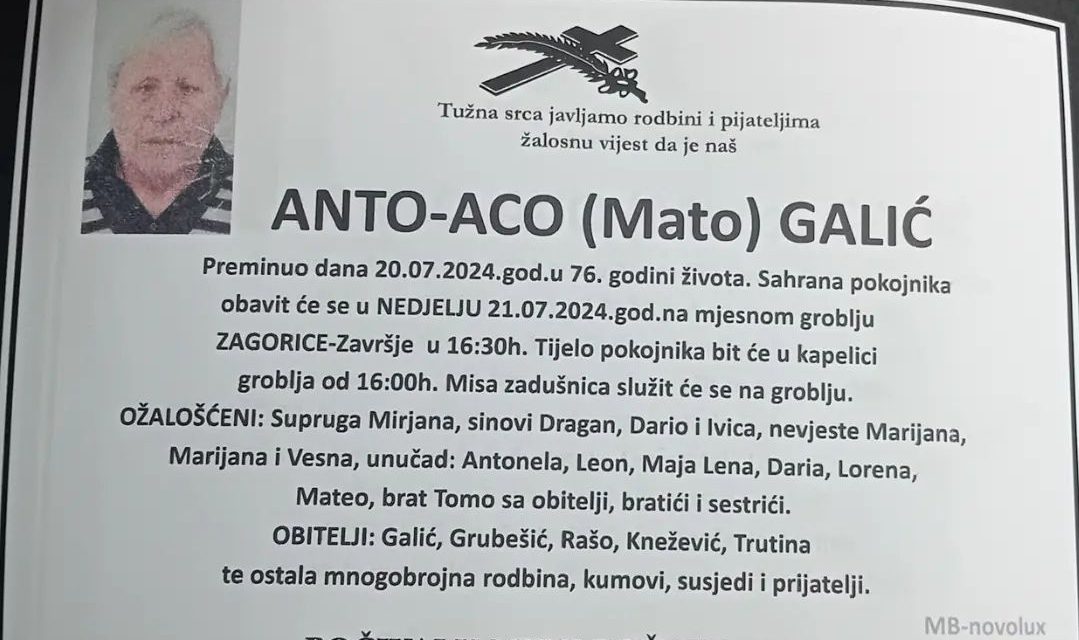 Preminuo je Anto – Aco Galić