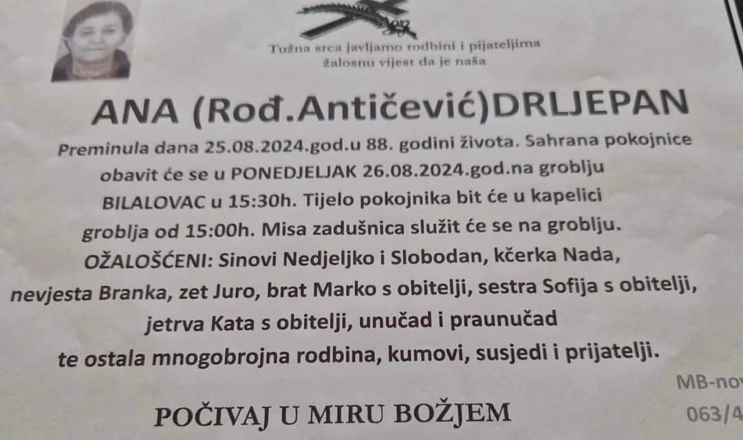 Preminula je Ana Drljepan, rođ. Antičević