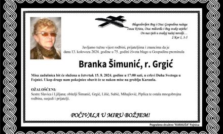 Preminula je Branka Šimunić, rođ. Grgić
