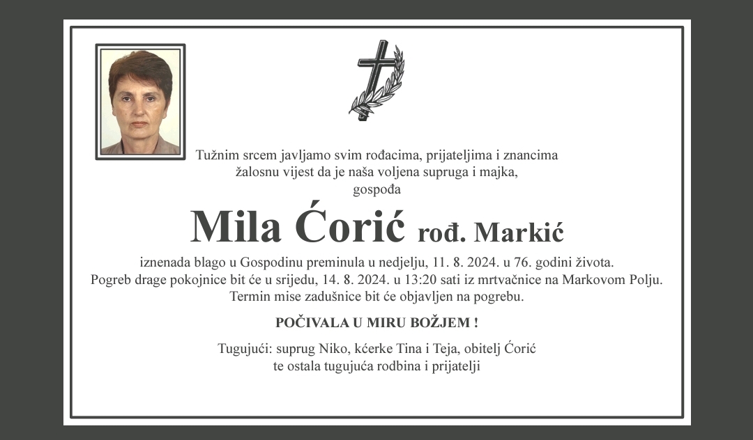 Preminula je Mila Ćorić, rođ. Markić