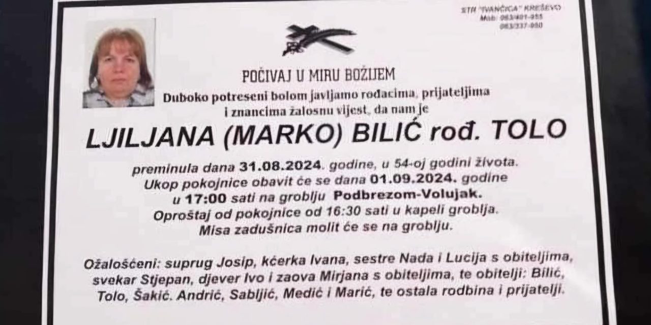 Preminula je Ljiljana Bilić, rođ. Tolo
