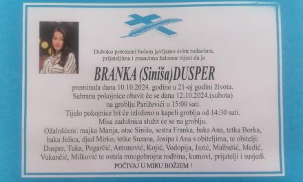 U subotu posljednji ispraćaj tragično preminule Branke Dusper