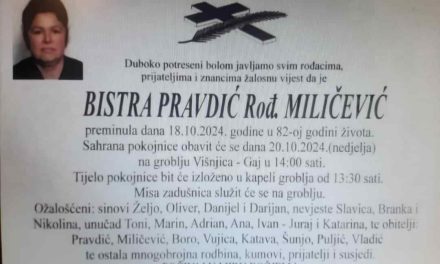 Preminula je Bistra Pravdić, rođ. Miličević