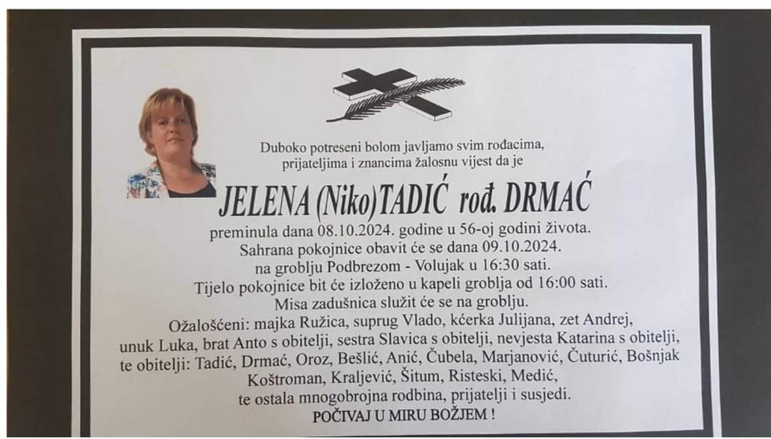 Preminula je Jelena Tadić, rođ. Drmać