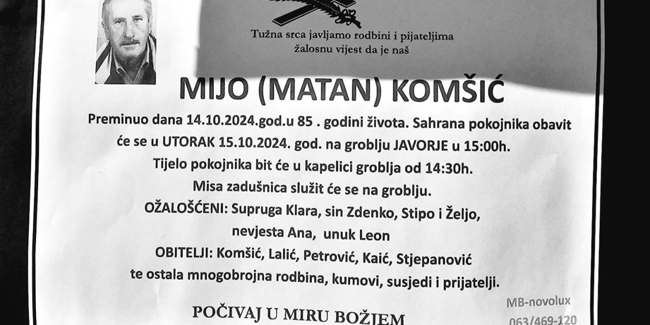 Preminuo je Mijo (Matan) Komšić