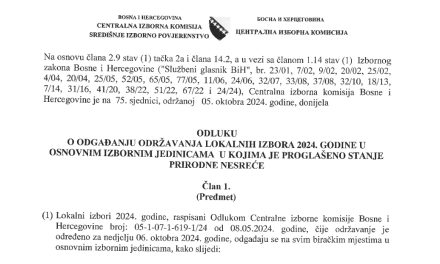 Službena odluka o odgađanju održavanja Lokalnih izbora u općinama u kojima je proglašeno stanje nesreće