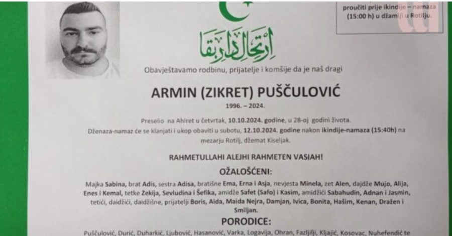 U subotu posljednji ispraćaj tragično preminulog Armina Puščulovića