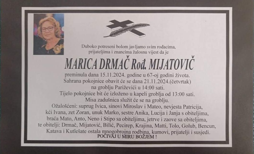 Preminula je Marica Drmač, rođ. Mijatovič