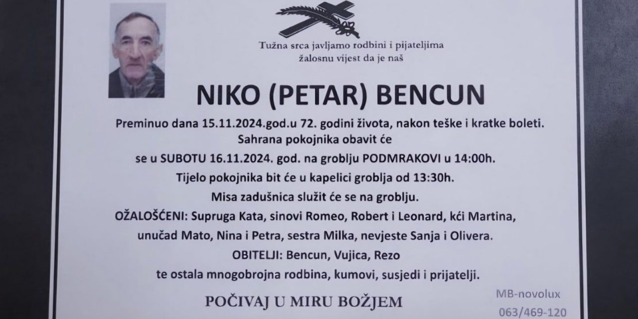 Preminuo je Niko Bencun