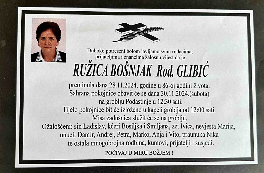 Preminula je Ružica Bošnjak, rođ. Glibić