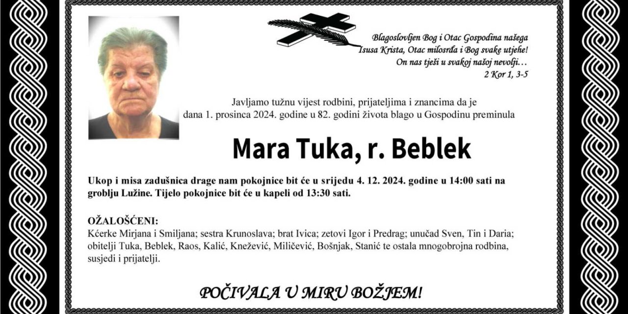 Preminula je Mira Tuka, rođ. Beblek