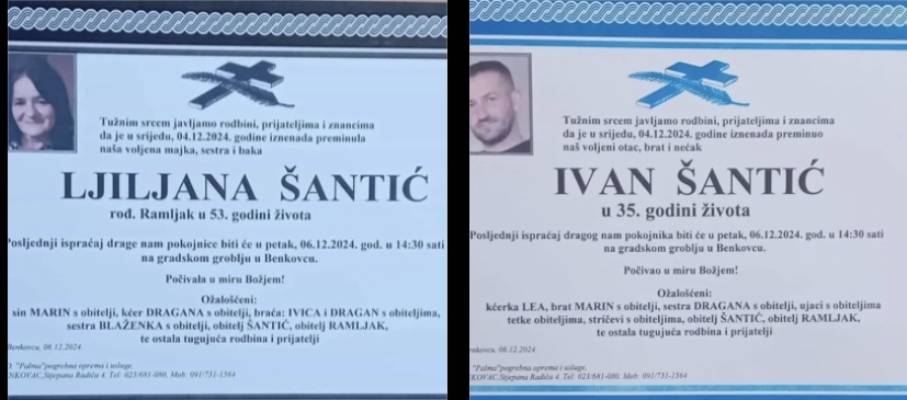 Objavljene smrtovnice tragično preminulih Ivana i Ljiljane Šantić