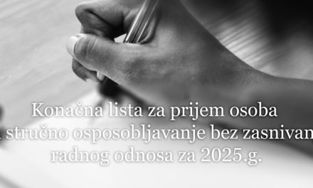 Konačna lista za prijem osoba za stručno osposobljavanje bez zasnivanja radnog odnosa za 2025.g.