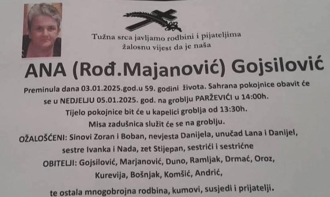 Preminula je Ana Gojsilović, rođ. Marjanović