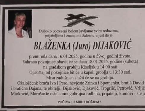 Preminula je Blaženka Dijaković
