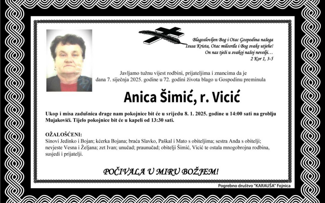 Preminula je Anica Šimić, rođ. Vicić