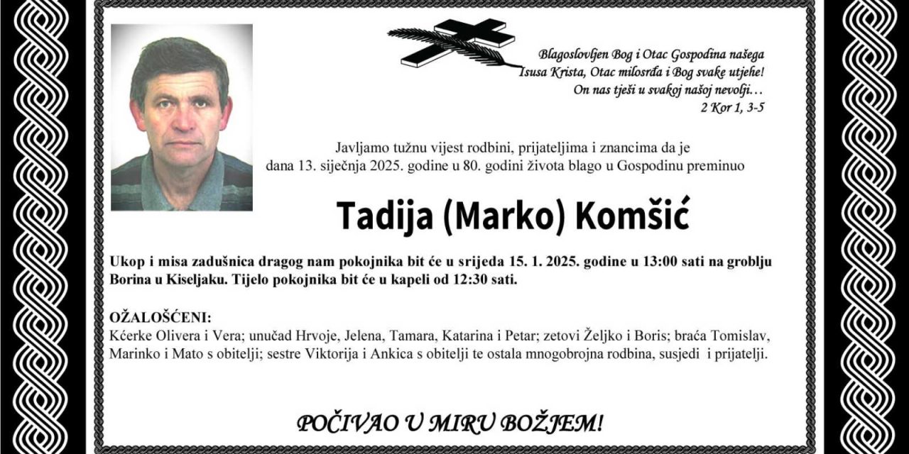 Preminuo je Tadija Komšić