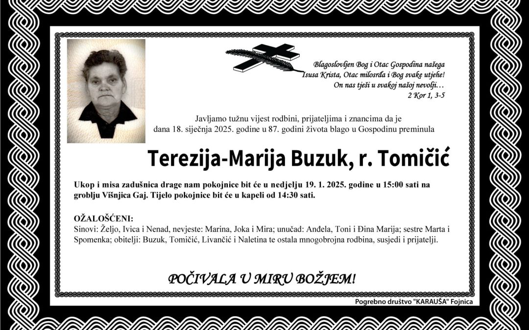 Preminula je Terezija-Marija Buzuk, rođ. Tomičić