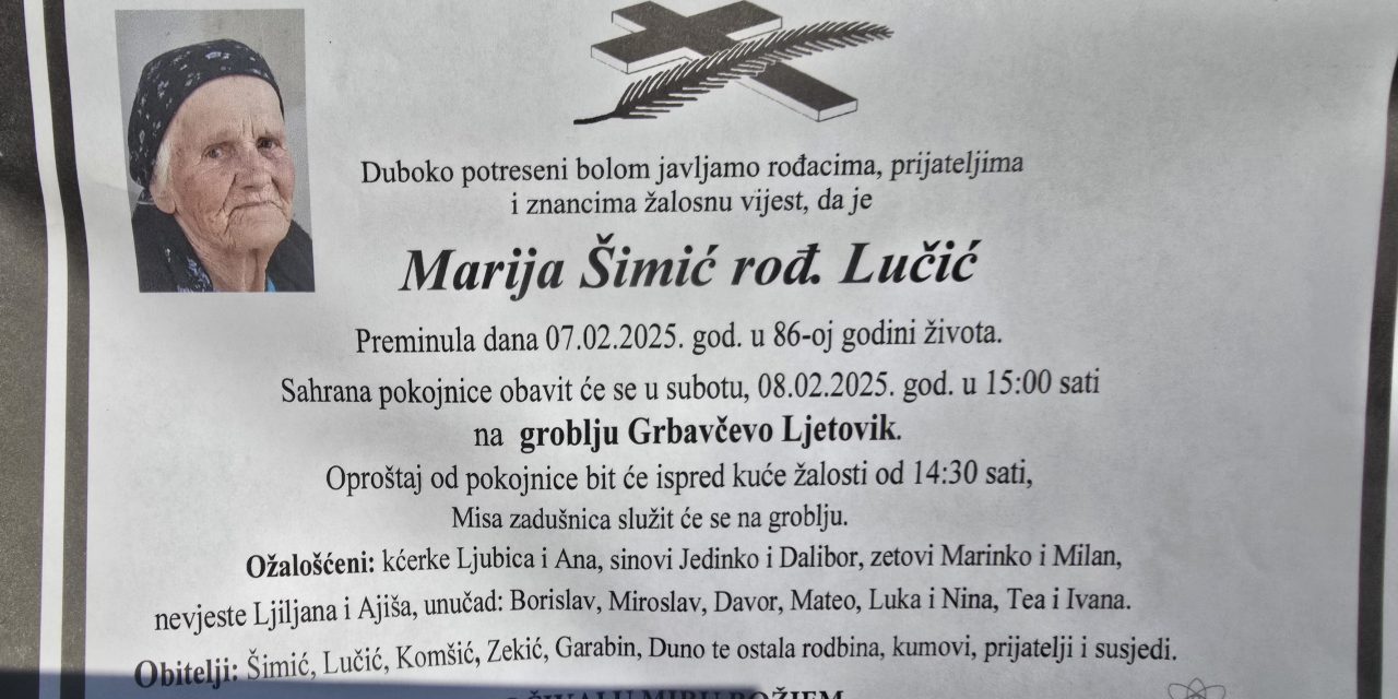 Preminula je Marija Šimić, rođ. Lučić