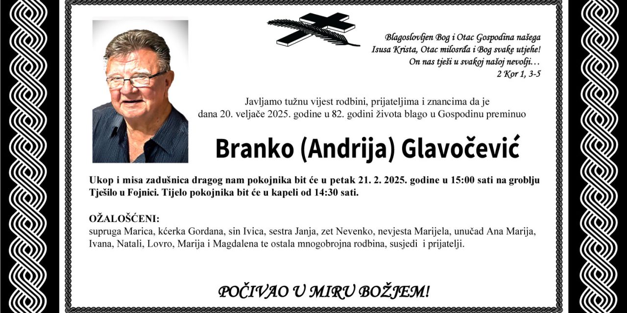 Preminuo je Branko Glavočević