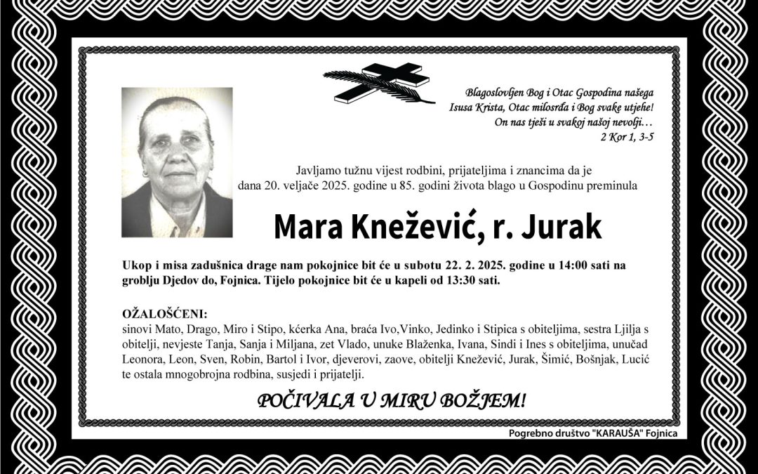Preminula je Mara Knežević, rođ. Jurak