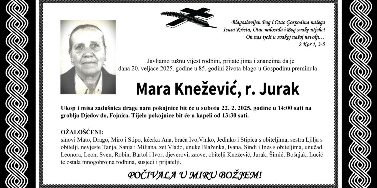 Preminula je Mara Knežević, rođ. Jurak