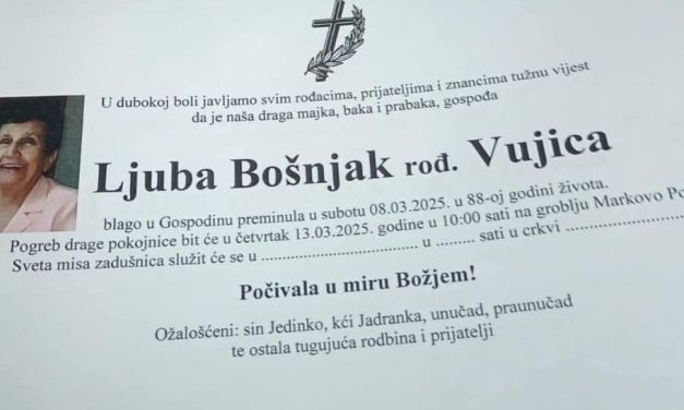 Preminula je Ljuba Bošnjak, rođ. Vujica