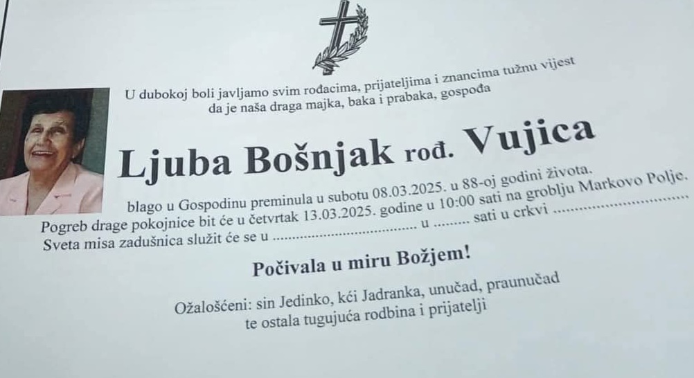 Preminula je Ljuba Bošnjak, rođ. Vujica