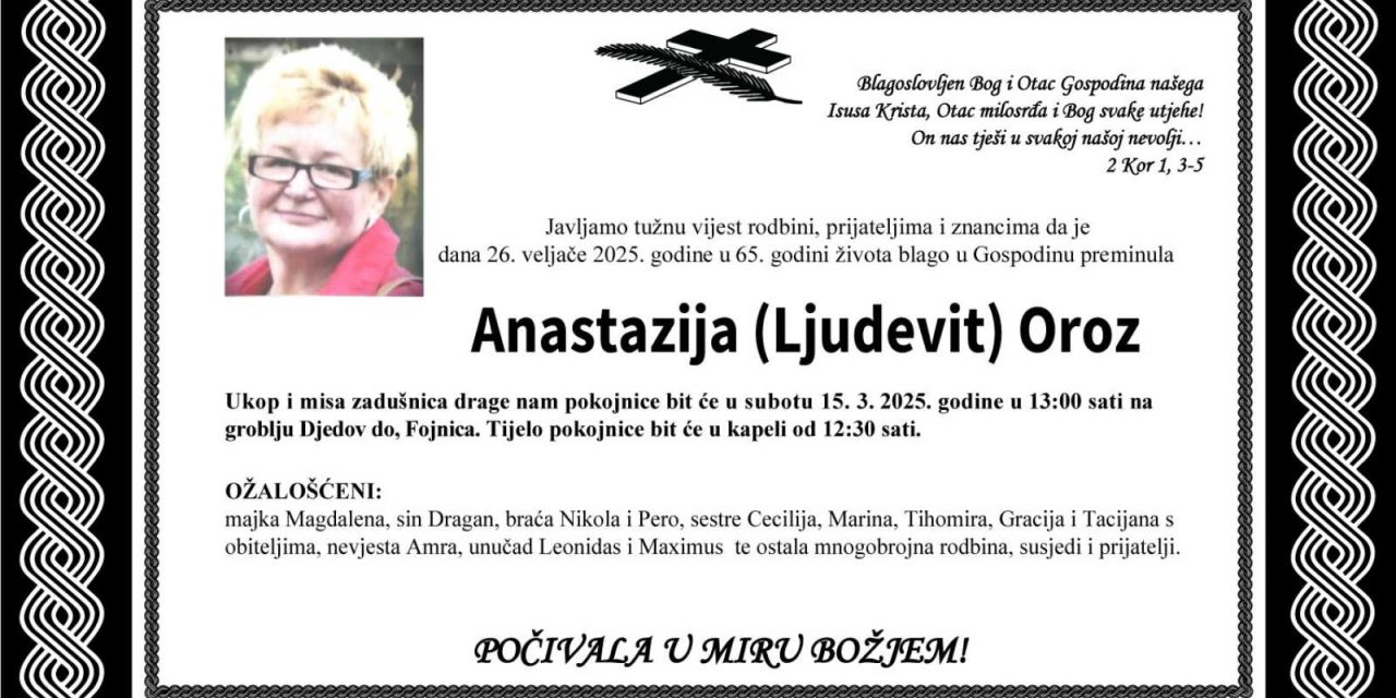 Preminula je Anastazija Oroz
