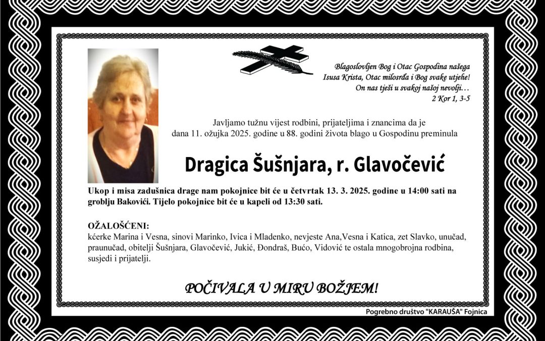 Preminula je Dragica Šušnjara, rođ. Glavočević