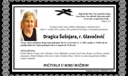 Preminula je Dragica Šušnjara, rođ. Glavočević