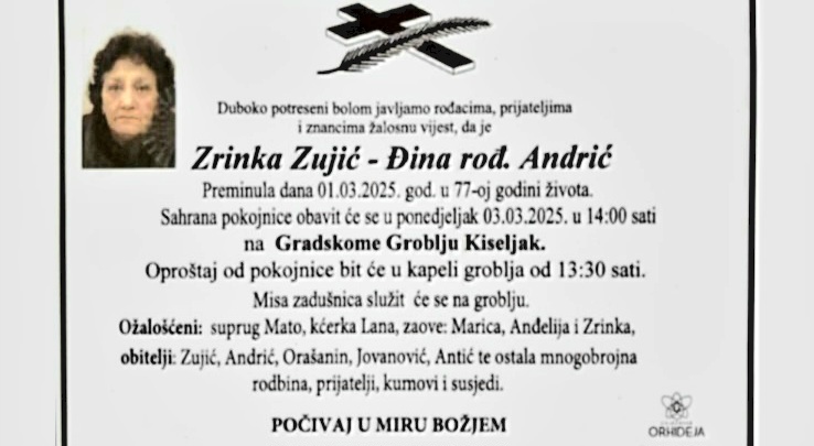 Preminula je Zrinka Zujić – Đina, rođ. Andrić
