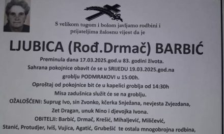 Preminula je Ljubica Barbić, rođ. Drmač