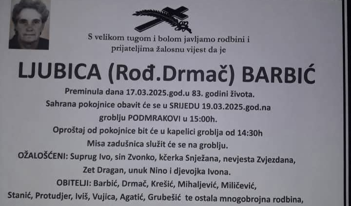 Preminula je Ljubica Barbić, rođ. Drmač