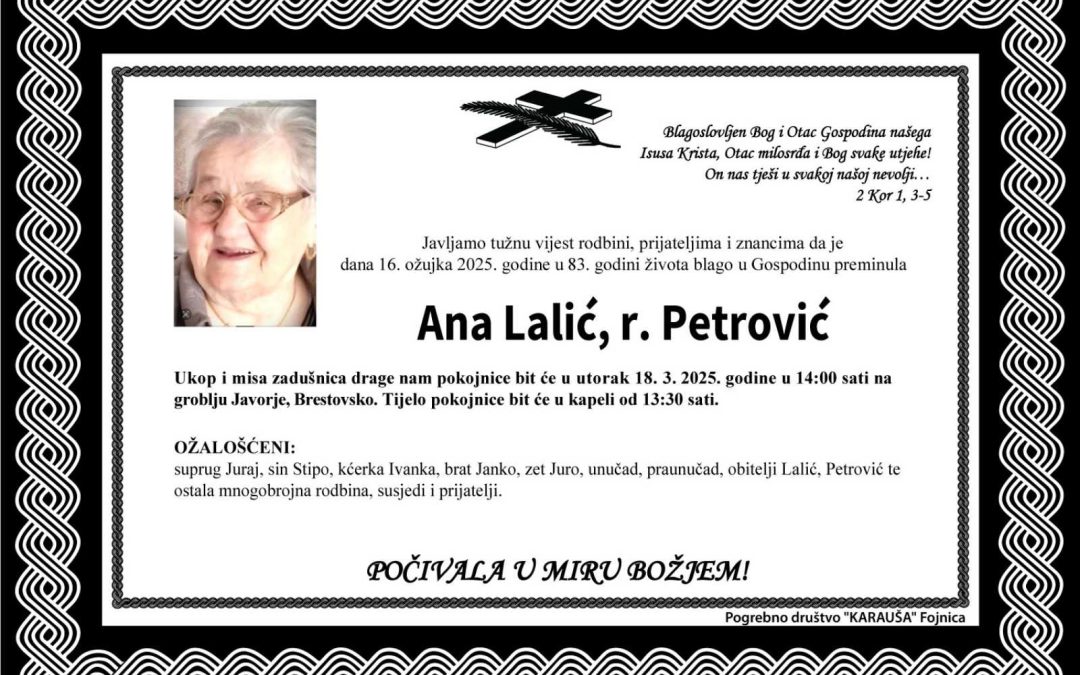 Preminula je Ana Lalić, rođ. Petrović