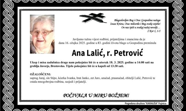 Preminula je Ana Lalić, rođ. Petrović