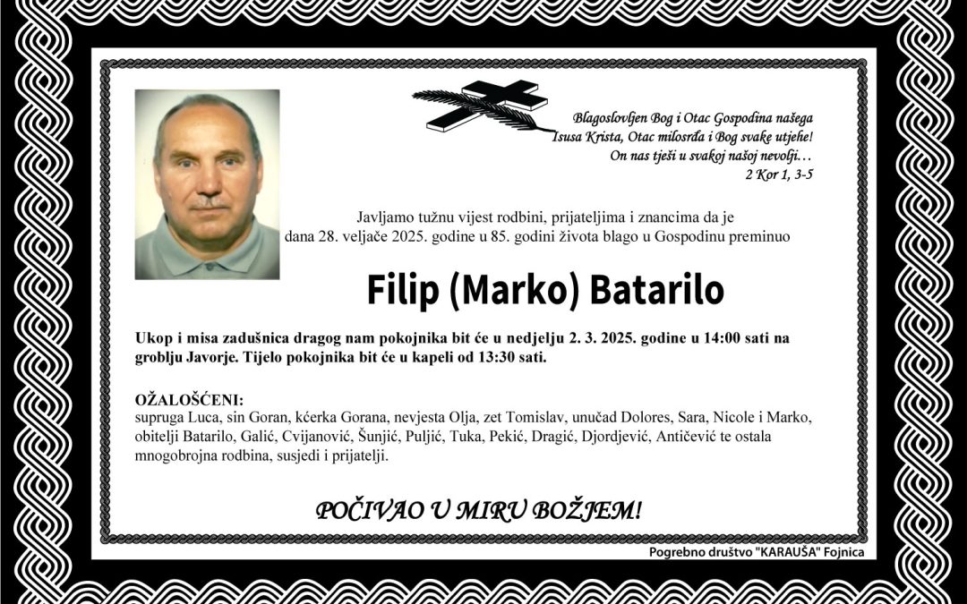 Preminuo je Filip Batarilo